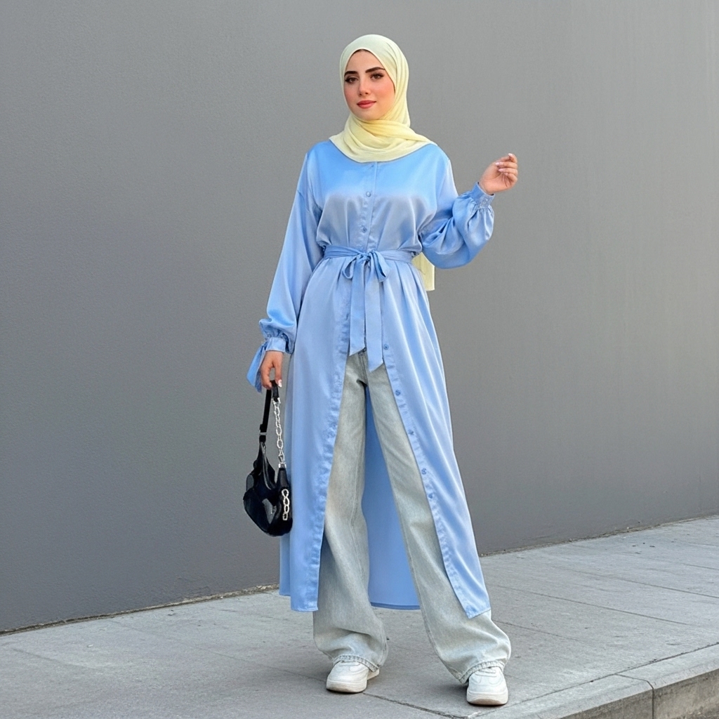 البنطلون الواسع wide leg مع كارديجان ستان ازرق سماوي