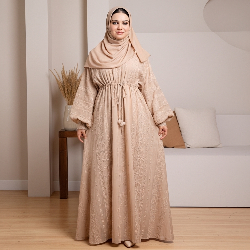 فستان بيج انيق للمحجبات يعطي مثال ممتاز ان تنسيق اللون البيج للمحجبات اسهل ما يكون