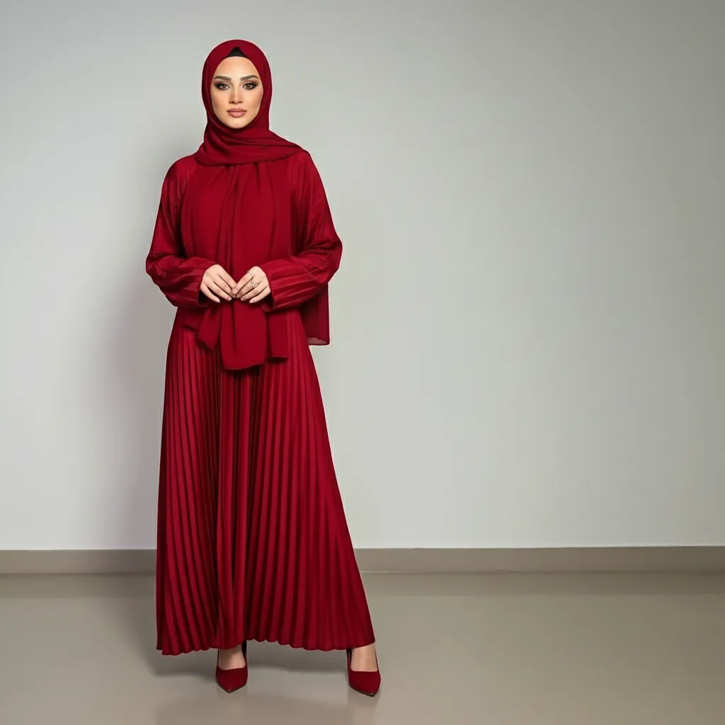 عباية ساتان حمراء red pleated satin abaya