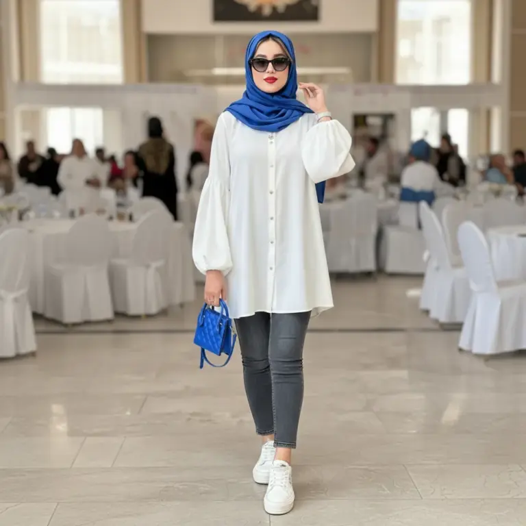 صور محجبات في ملابس خروج انيقة بنطلون سكيني مع بلوزة بيضا انيقة