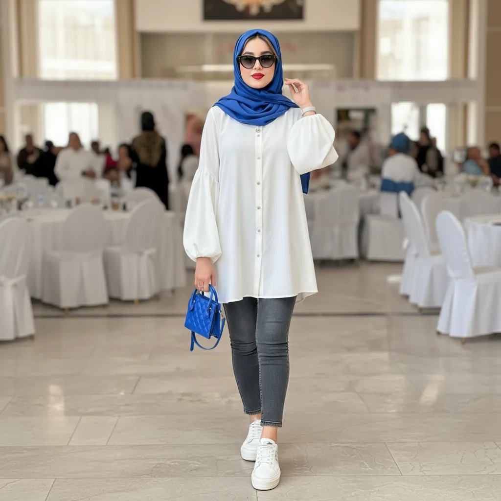 صور محجبات في ملابس خروج انيقة بنطلون سكيني مع بلوزة بيضا انيقة