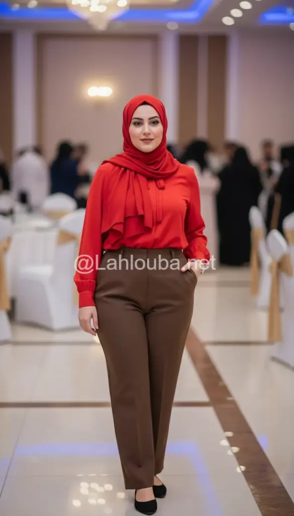 صور تنسيق البلوزة الحمراؤ للمحجبات مع البنطلون العملي الانيق