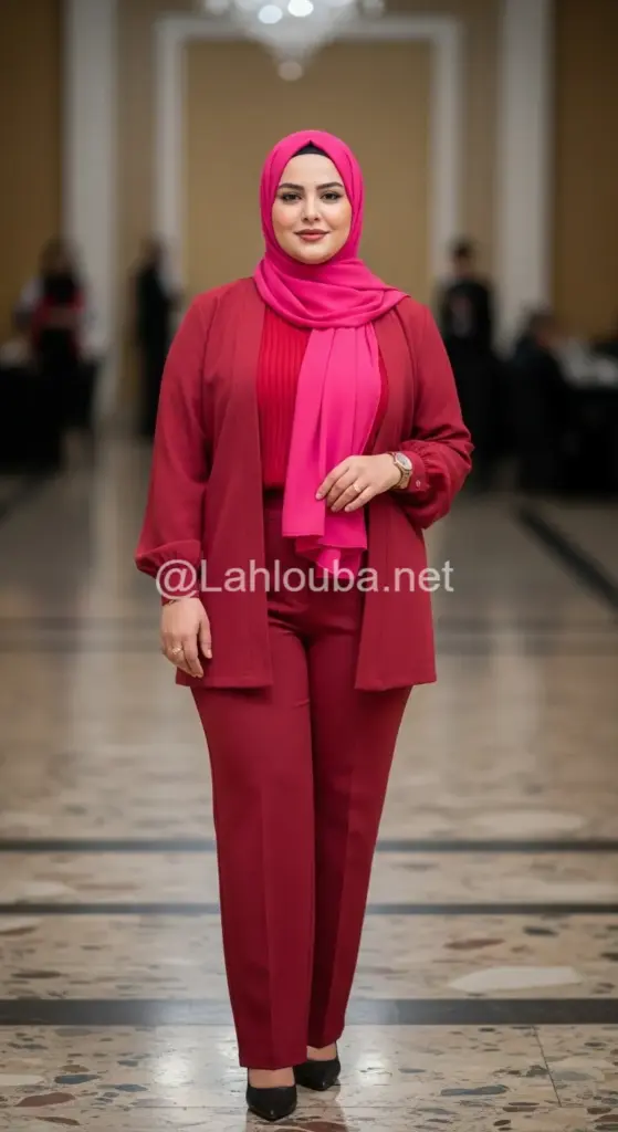 صور محجبات امرأة ترتدي بلوزة حمراء وجاكيت مع بنطال عنابي