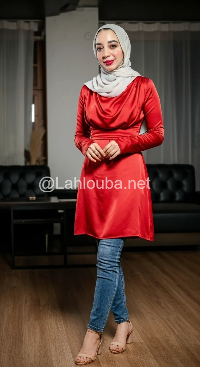 امرأة ترتدي بلوزة ساتان حمراء وبنطلون جينز ازرق