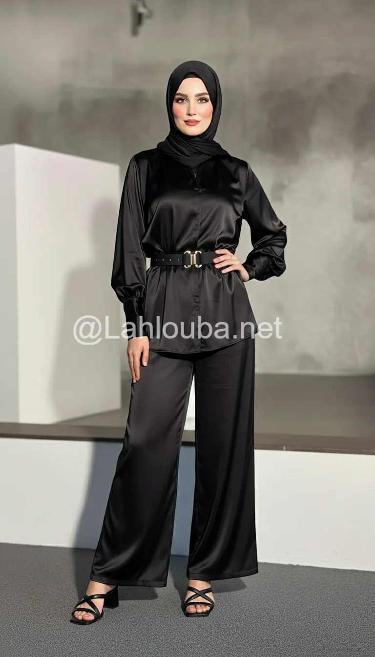 امرأة محجبة ترتدي بلوزة ساتان سوداء وبنطلون ساتان اسود مع صندل