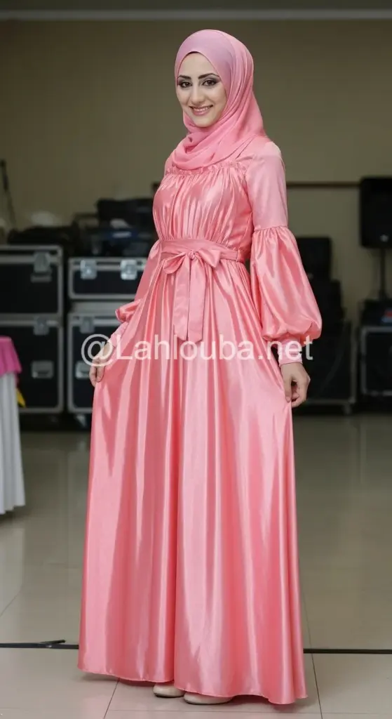 إطلالات سواريه للمحجبات بفستان ساتان ناعم