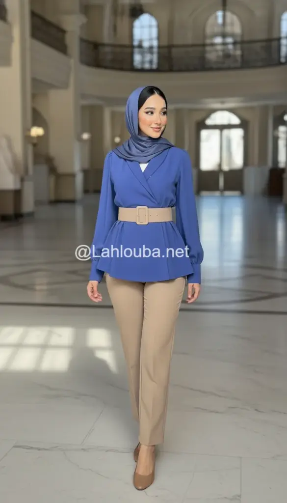 صور محجبة في بنطلون انيق وبلوزة كحلي انيقة مع حزام