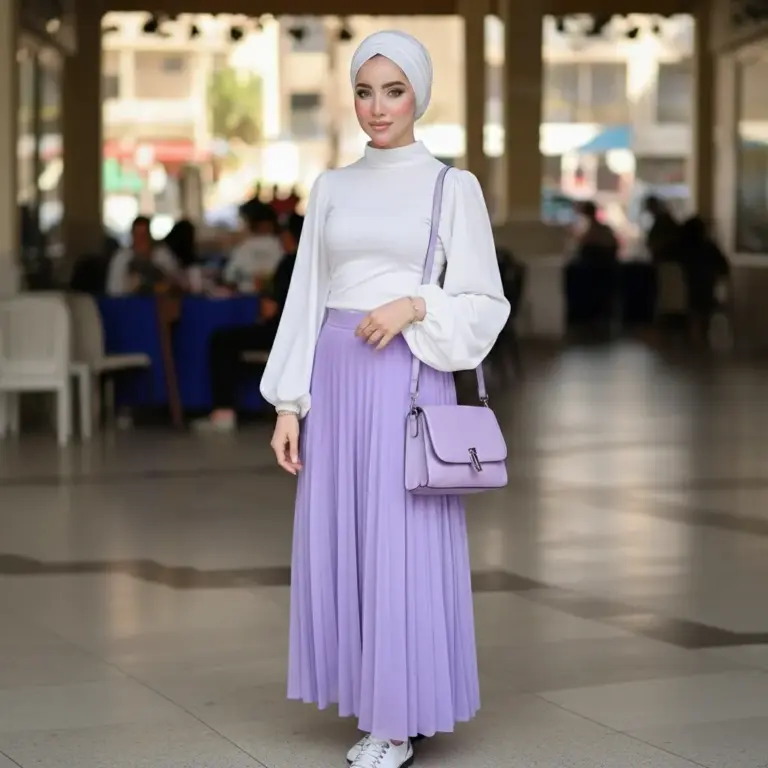 تنانير محجبات للخروج الكاجوال إلى الشيك تنورة لافندر انيقة مع بلوزة بيضاء