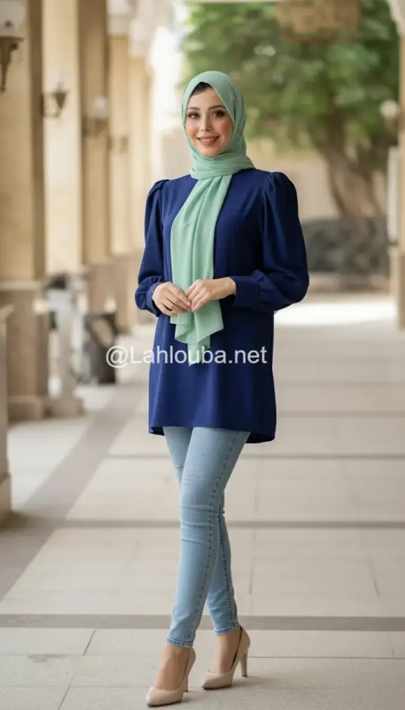 صور محجبة في بلوزة كحلي وبنطلون جينز