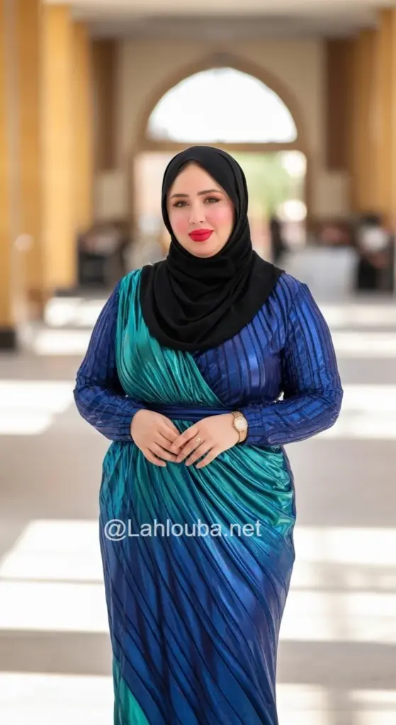 صورة امرأة محجبة كيرفي ترتدي فستان ميتاليك