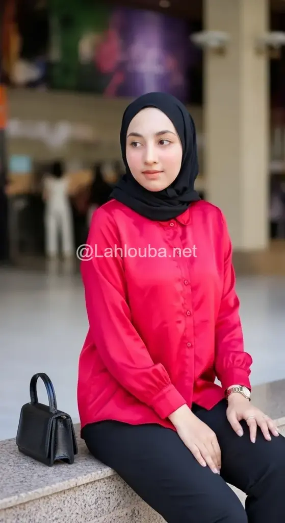 صور محجبة ترتدي قميص ساتان احمر مع بنطلون جينز اسود