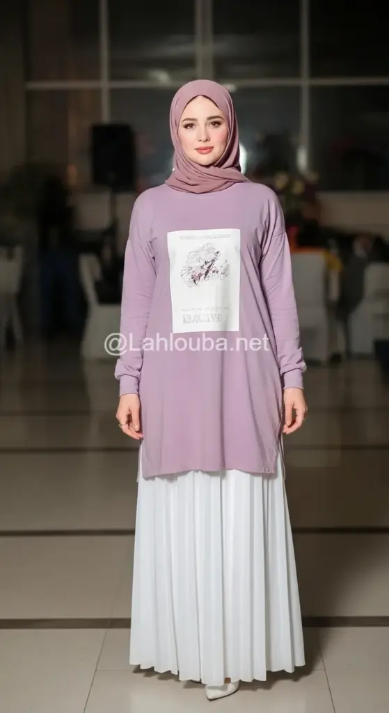 تنسيق البلوزة البيضاء مع اللون الموف الفاتح