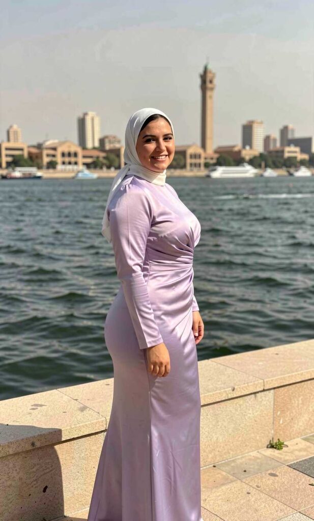 امرأة ترتدي فستانًا جميلًا بالقرب من الماء