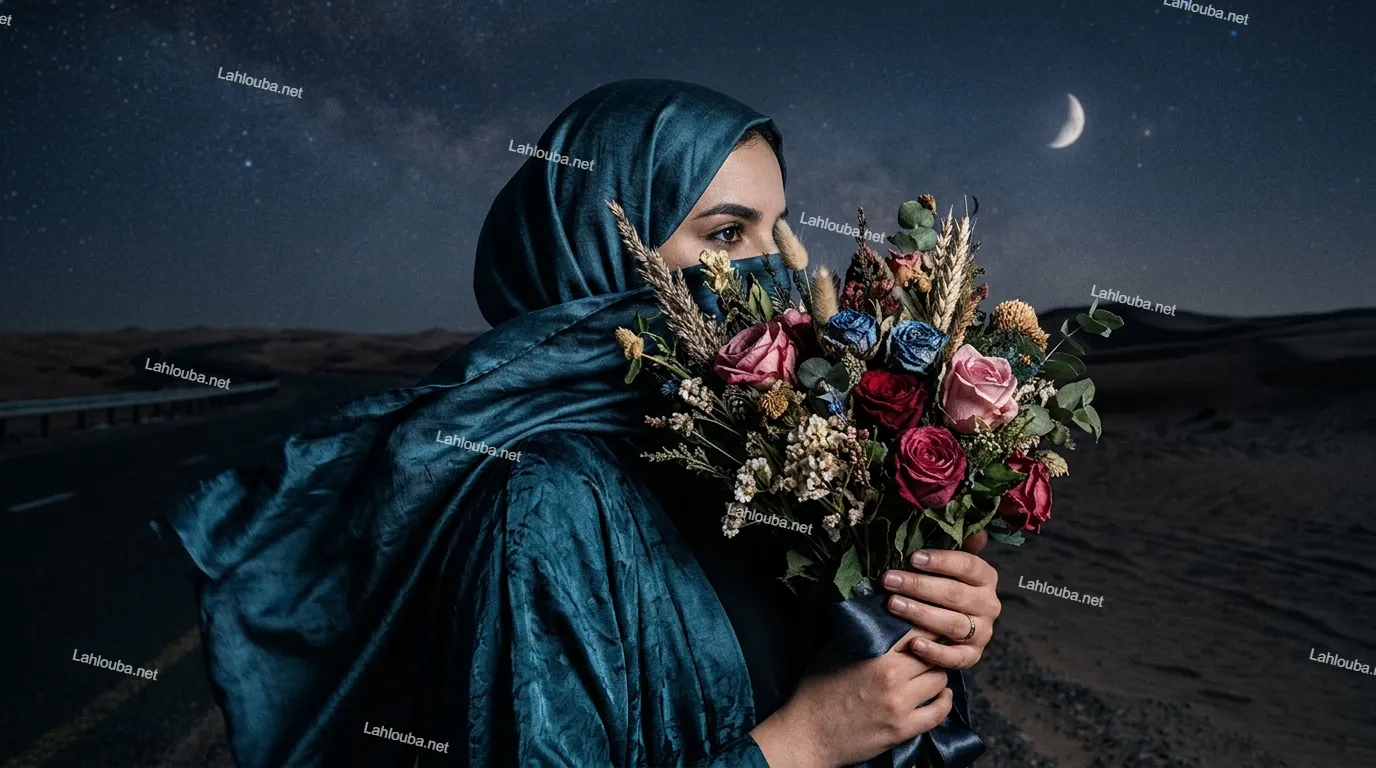 امرأة محجبة ترتدي زيًا أزرق داكن وتحمل باقة زهور تحت سماء ليلية مرصعة بالنجوم وهلال