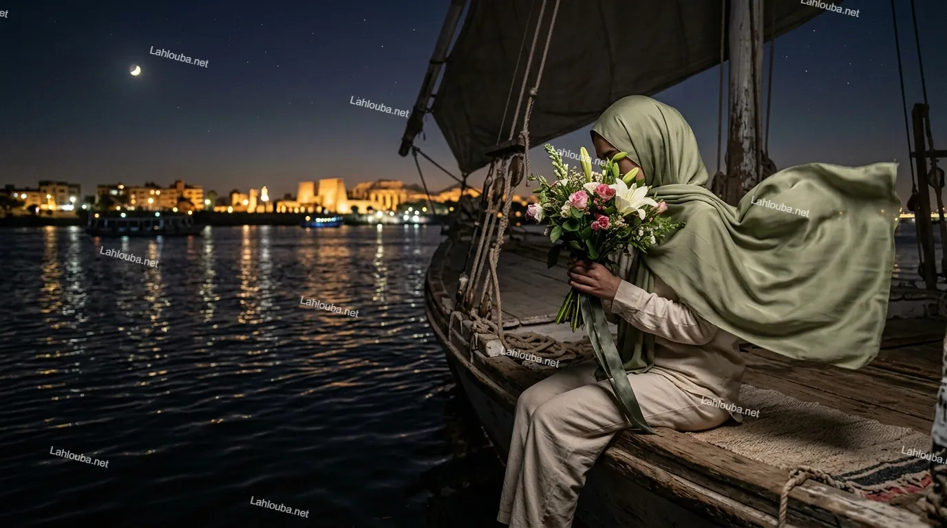 امرأة محجبة بفستان زيتي تحمل باقة ورد على مركب ليلاً