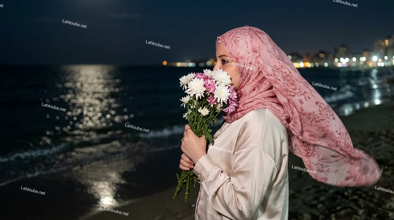 امرأة محجبة بفستان حريري وردي فاتح تحمل باقة زهور على شاطئ البحر ليلاً