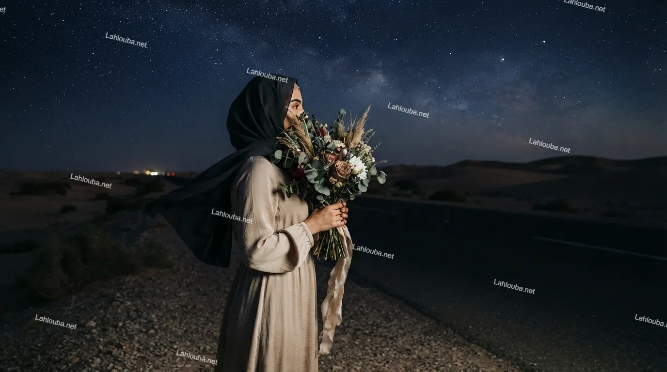امرأة ترتدي حجاباً أسود وعباءة بيج تحمل باقة زهور تحت سماء مليئة بالنجوم في الصحراء