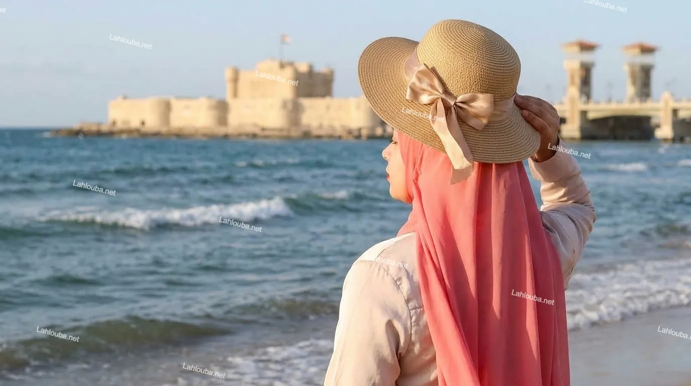 فتاة محجبة ترتدي قبعة وشال وردي على شاطئ البحر