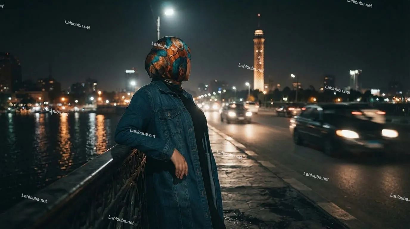 امرأة ترتدي حجاب ملون وجاكيت دينم طويل ليلاً في القاهرة بجانب النيل