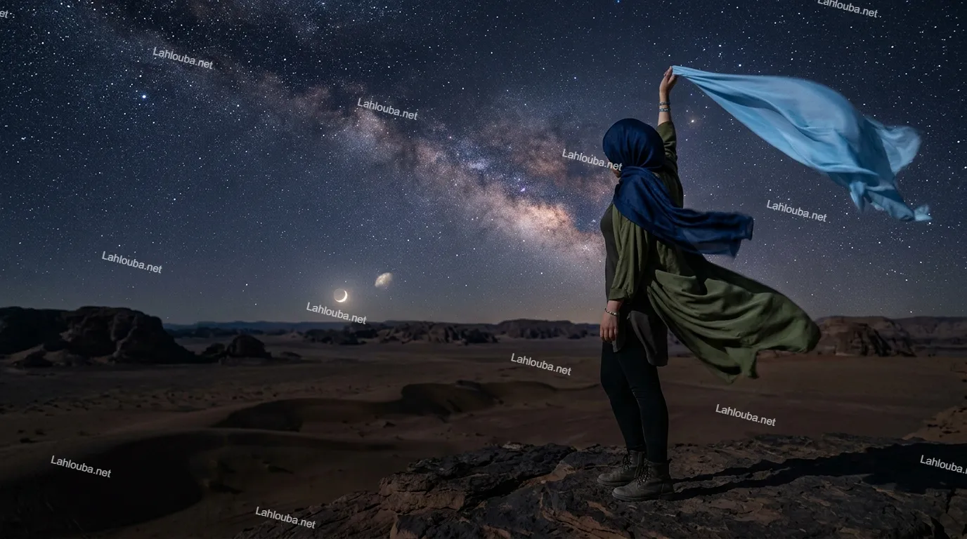 امرأة ترتدي حجابًا أزرق وعباءة خضراء تقف على صخرة تحت سماء مرصعة بالنجوم