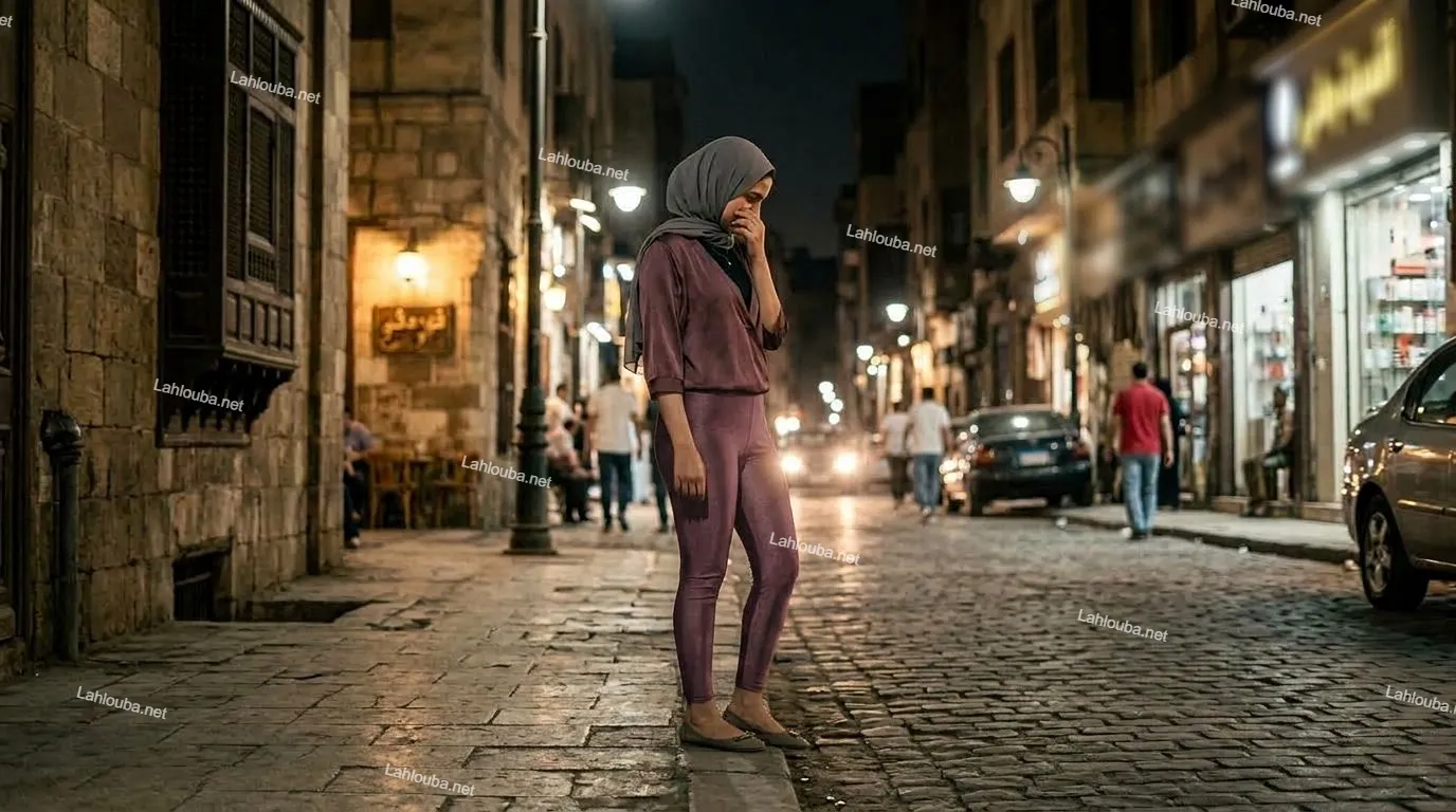 امرأة محجبة ترتدي بلوزة وبنطال ضيق بلون الموف في شارع قديم ليلاً