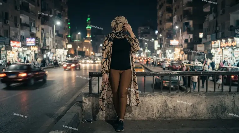 فتاة محجبة ترتدي كارديجان بيج وسروال بني ضيق في شارع ليلي