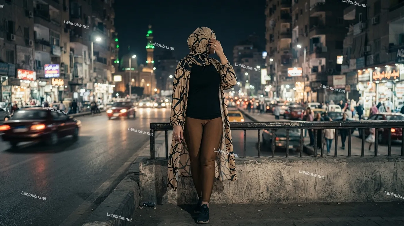فتاة محجبة ترتدي كارديجان بيج وسروال بني ضيق في شارع ليلي