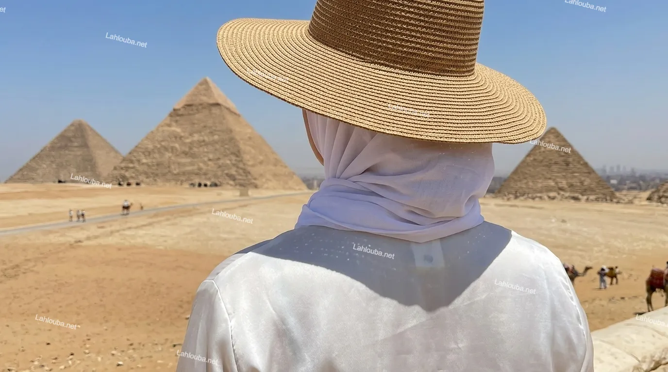 امرأة ترتدي حجاب أبيض وقبعة قش بيج تنظر إلى أهرامات الجيزة