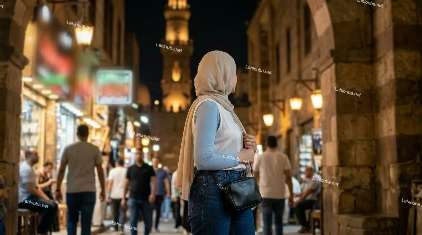 امرأة محجبة ترتدي بلوزة بيضاء وبنطال جينز أزرق في شارع القاهرة القديمة ليلاً