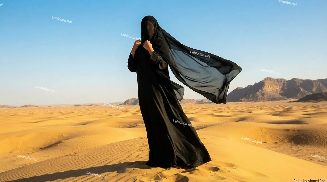 امرأة ترتدي عباءة ونقاب أسود في الصحراء