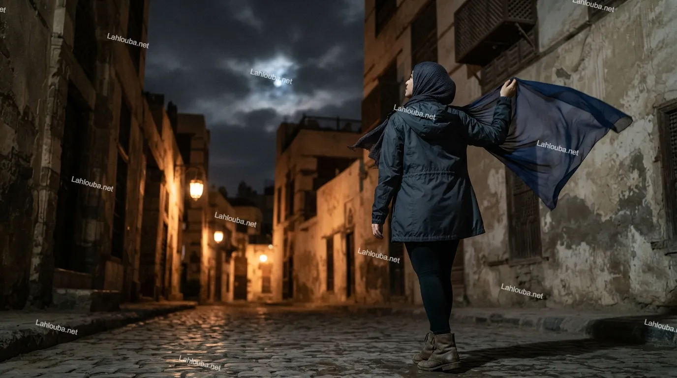 امرأة محجبة ترتدي معطفًا أسود وتحمل وشاحًا أزرق في شارع حجري ليلاً