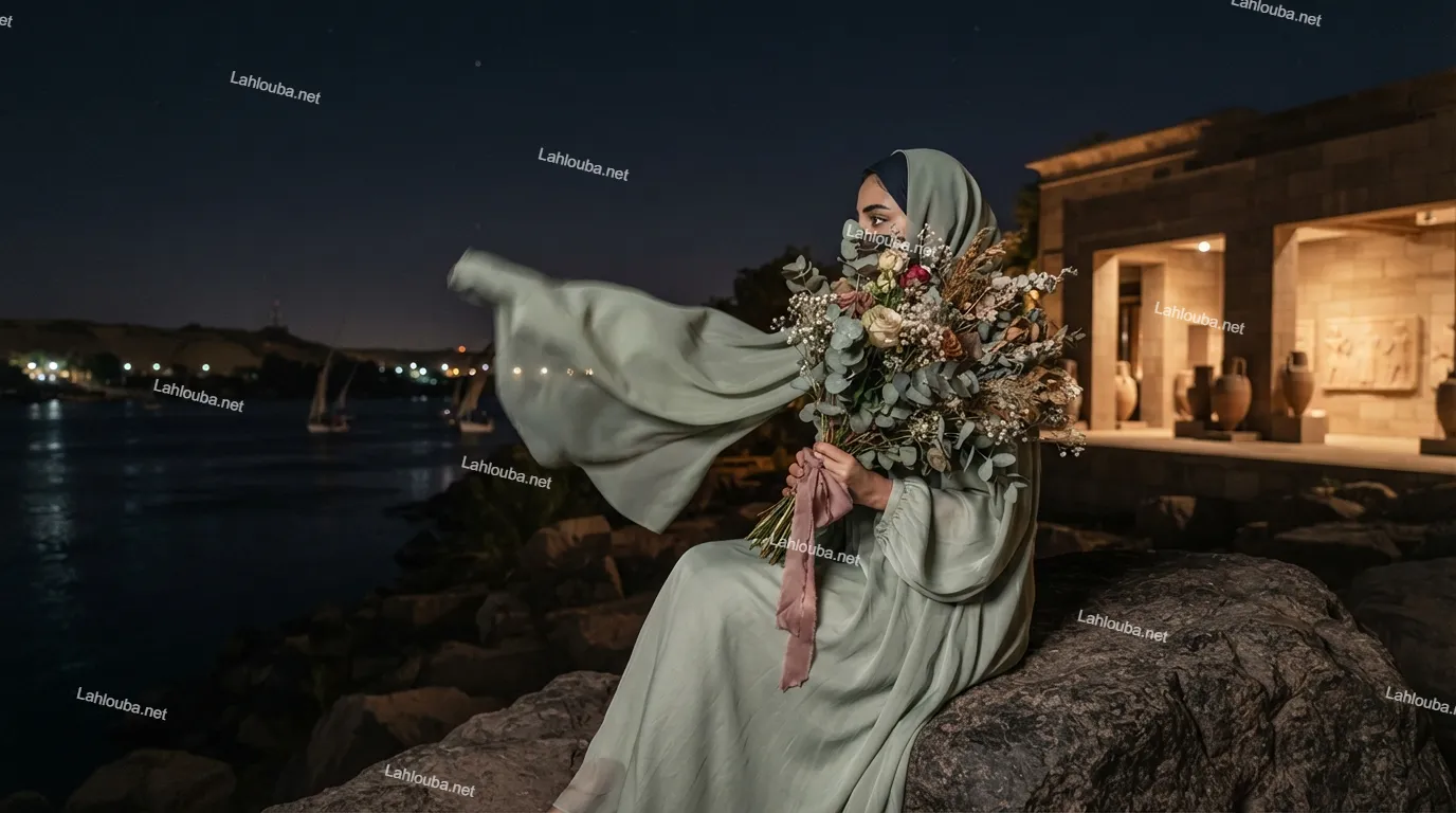 امرأة محجبة بفستان أخضر فاتح تحمل باقة زهور بجانب نهر النيل ليلاً