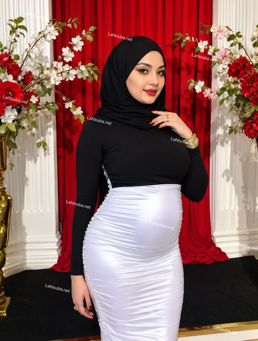 سيدة بحجاب أسود ترتدي بلوزة سوداء طويلة الأكمام وفستان أبيض ساتان ضيق بأزرار زخرفية